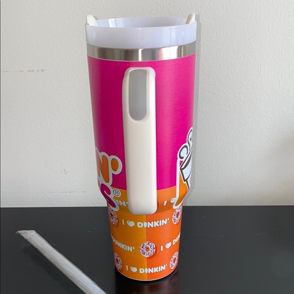 Dunkin Pink and Orange Insulated Travel Mug with Handle - Picture 5 of 7